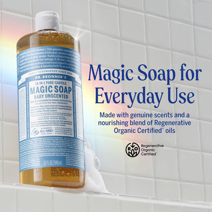 Dr. Bronner's Pure-Castile Magic Soap Liquid (Baby Unscented, 32 Ounce) – Made with Regenerative Organic Certified Oils – For Sensitive Skin, Babies, Face, Hair, Laundry, Dishes, Hand Soap & Body Wash