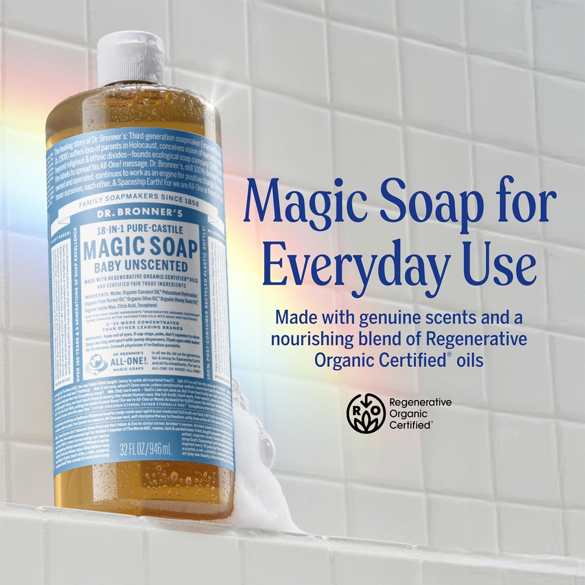 Dr. Bronner's Pure-Castile Magic Liquid Soap Made with Regenerative Organic Oils, Vegan, Concentrated, Body Wash- For Face, Hair, Laundry - 32oz Variety 3-Pack (Peppermint, Baby Unscented, Lavender)