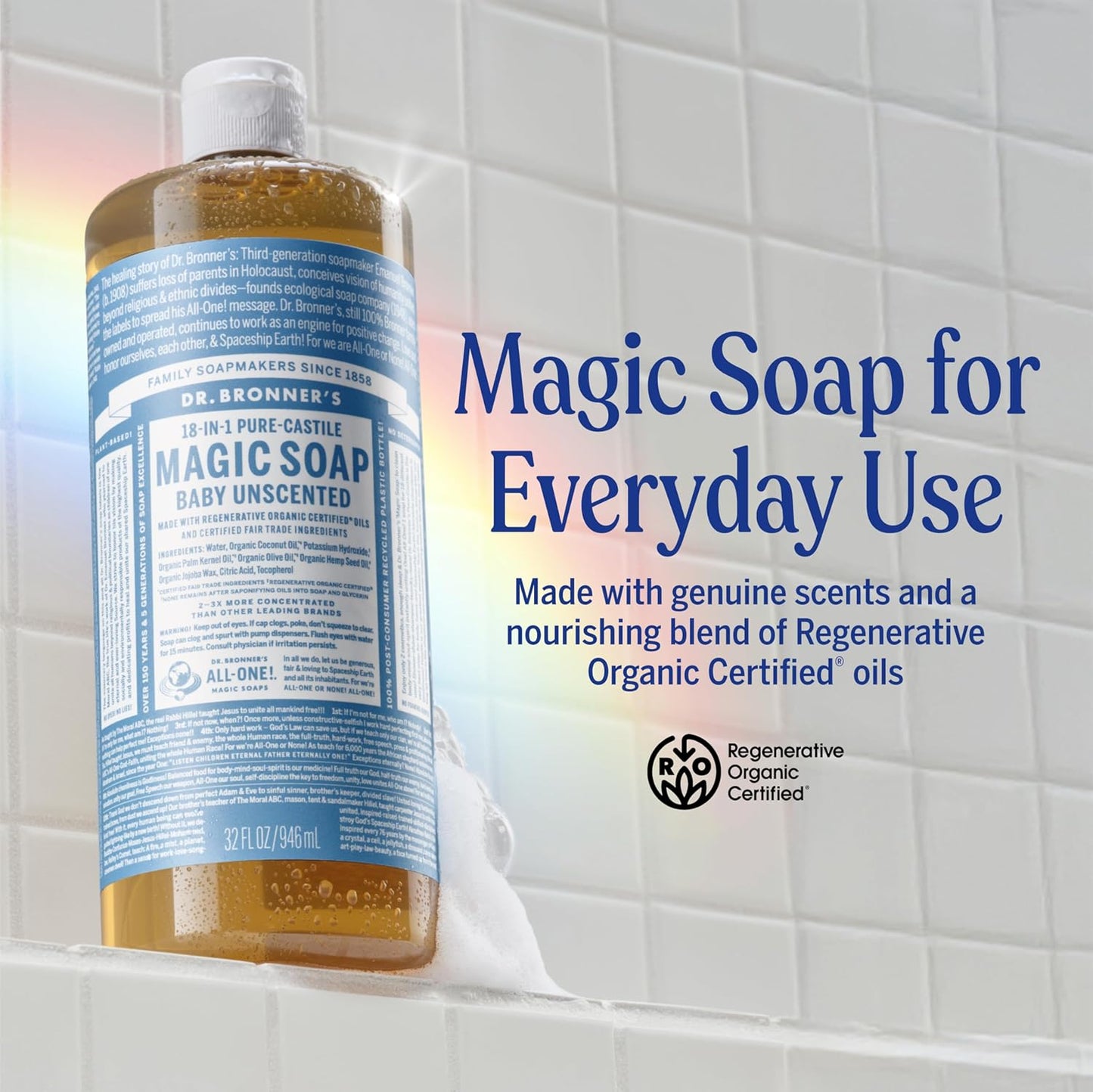 Dr. Bronner's Pure-Castile Magic Liquid Soap Made with Regenerative Organic Oils, Vegan, Concentrated, Body Wash- For Face, Hair, Laundry - 32oz Variety 3-Pack (Peppermint, Baby Unscented, Lavender)