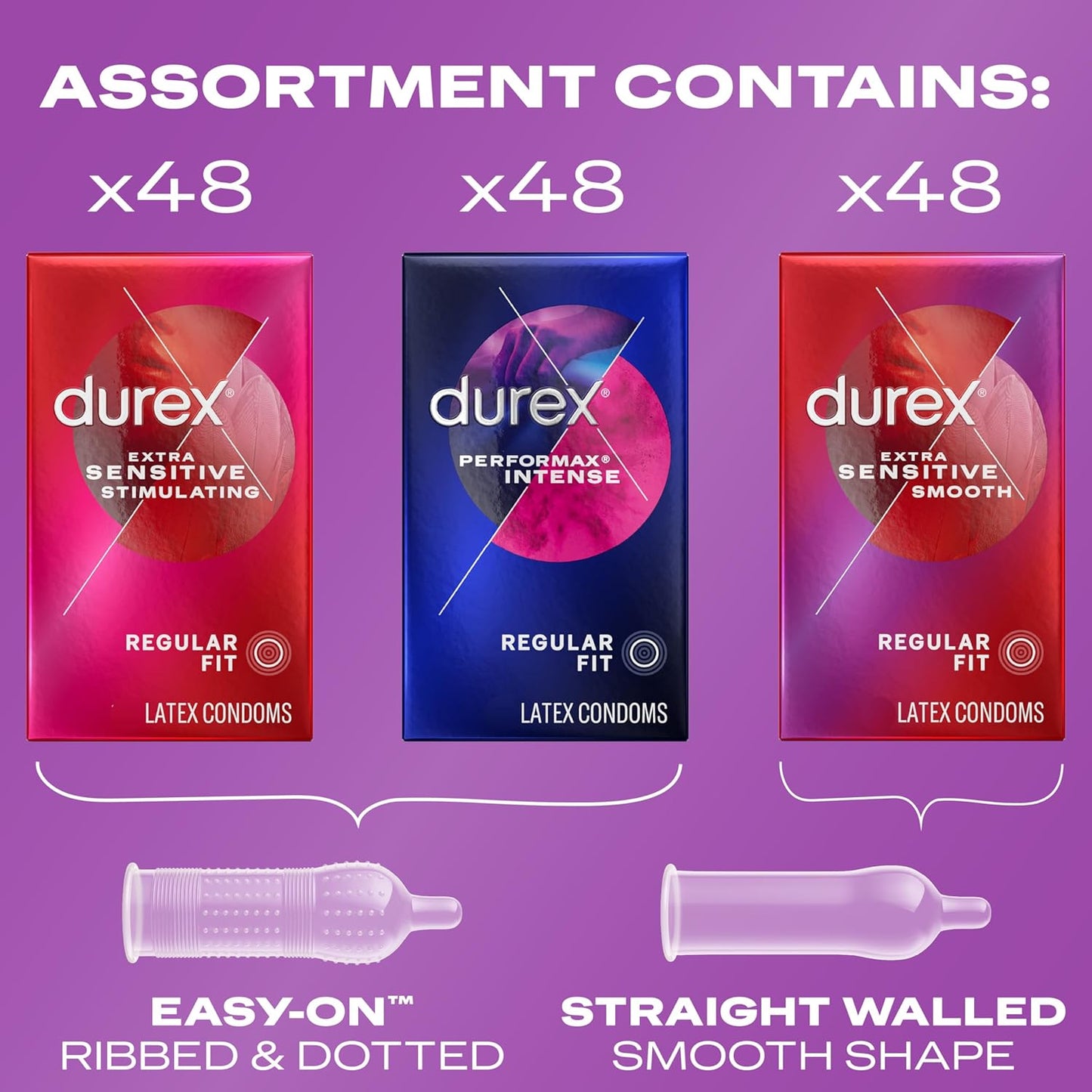 Durex Condoms Variety Adventure Pack, Mix of Durex Extra Sensitive Smooth & Stimulating & Performax Intense Ribbed & Dotted Latex Condoms, 144 Count