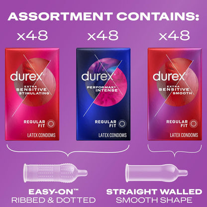 Durex Condoms Variety Adventure Pack, Mix of Durex Extra Sensitive Smooth & Stimulating & Performax Intense Ribbed & Dotted Latex Condoms, 144 Count