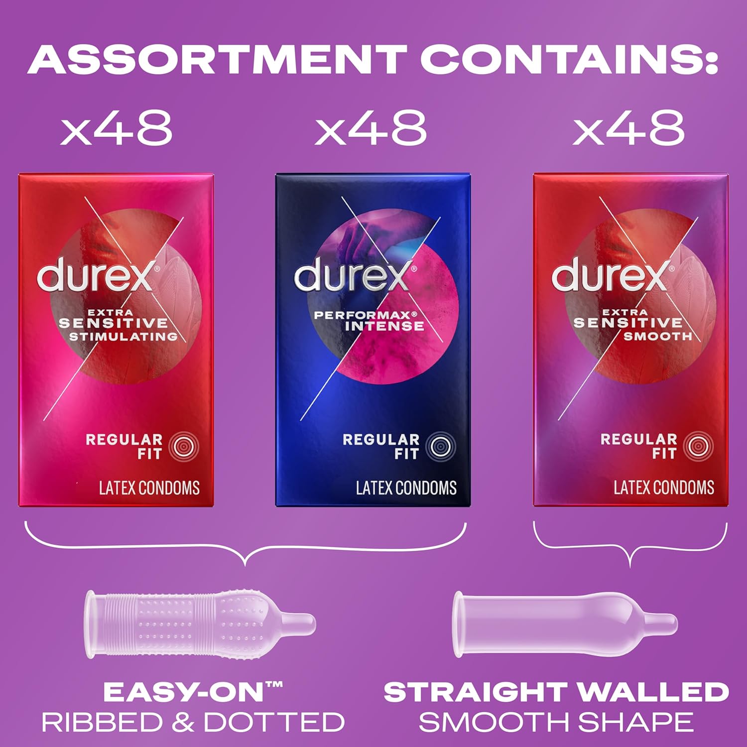Durex Condoms Variety Adventure Pack, Mix of Durex Extra Sensitive Smooth & Stimulating & Performax Intense Ribbed & Dotted Latex Condoms, 144 Count