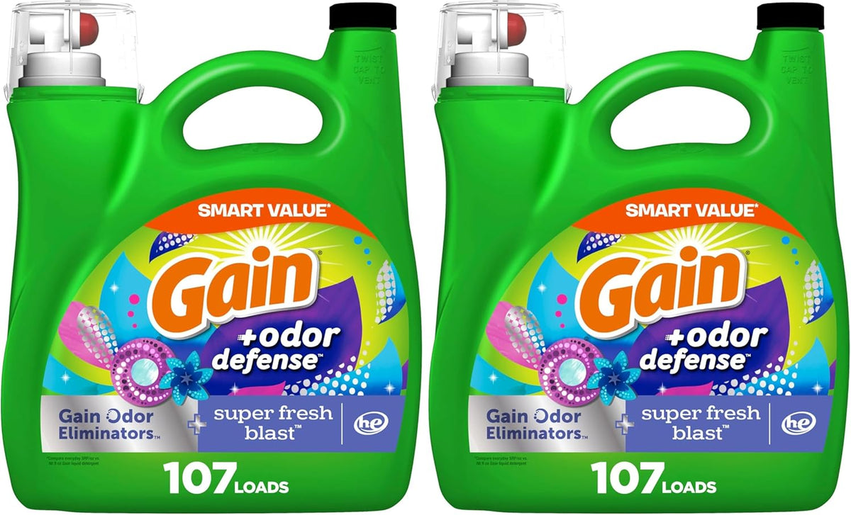 Gain + Odor Defense Liquid Laundry Detergent, Super Fresh Blast Scent, 107 Loads, HE Compatible Washing Soap (Packaging May Vary) (Pack of 2)