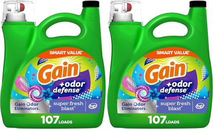 Gain + Odor Defense Liquid Laundry Detergent, Super Fresh Blast Scent, 107 Loads, HE Compatible Washing Soap (Packaging May Vary) (Pack of 2)