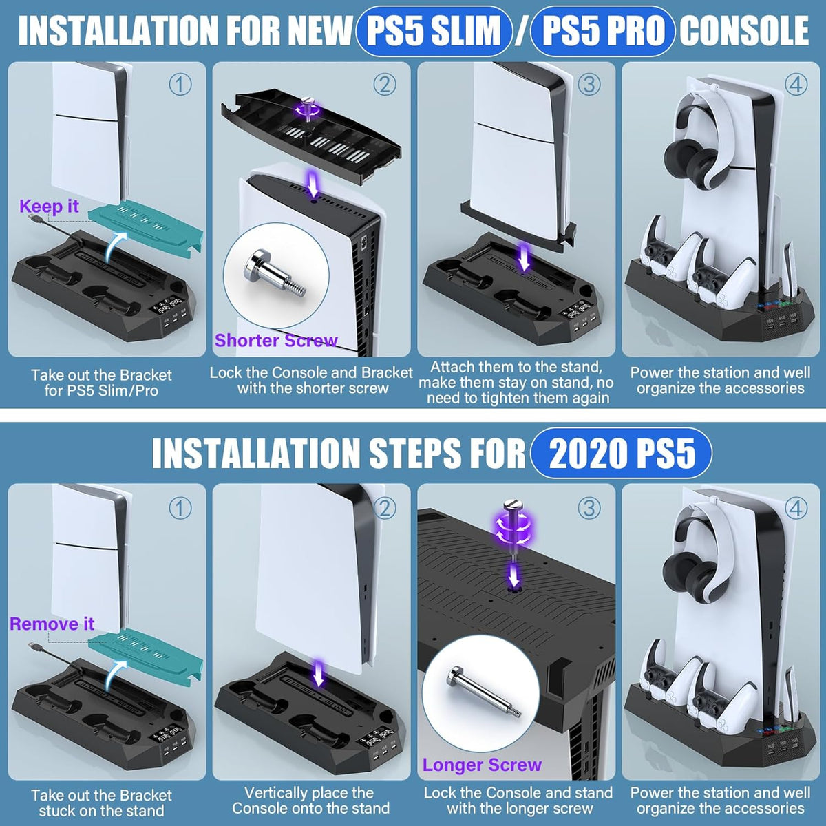 PS5/PS5 Slim/PS5 Pro Stand and Cooling Station with Dual Controller Charging Station for PlayStation 5 Console, PS5 Accessories Incl. Controller Charger, Cooling Fan, Headset Holder, 3 USB Hub, Black