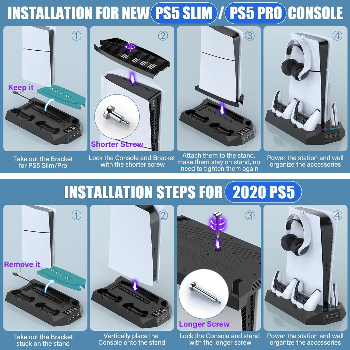 PS5/PS5 Slim/PS5 Pro Stand and Cooling Station with Dual Controller Charging Station for PlayStation 5 Console, PS5 Accessories Incl. Controller Charger, Cooling Fan, Headset Holder, 3 USB Hub, Black