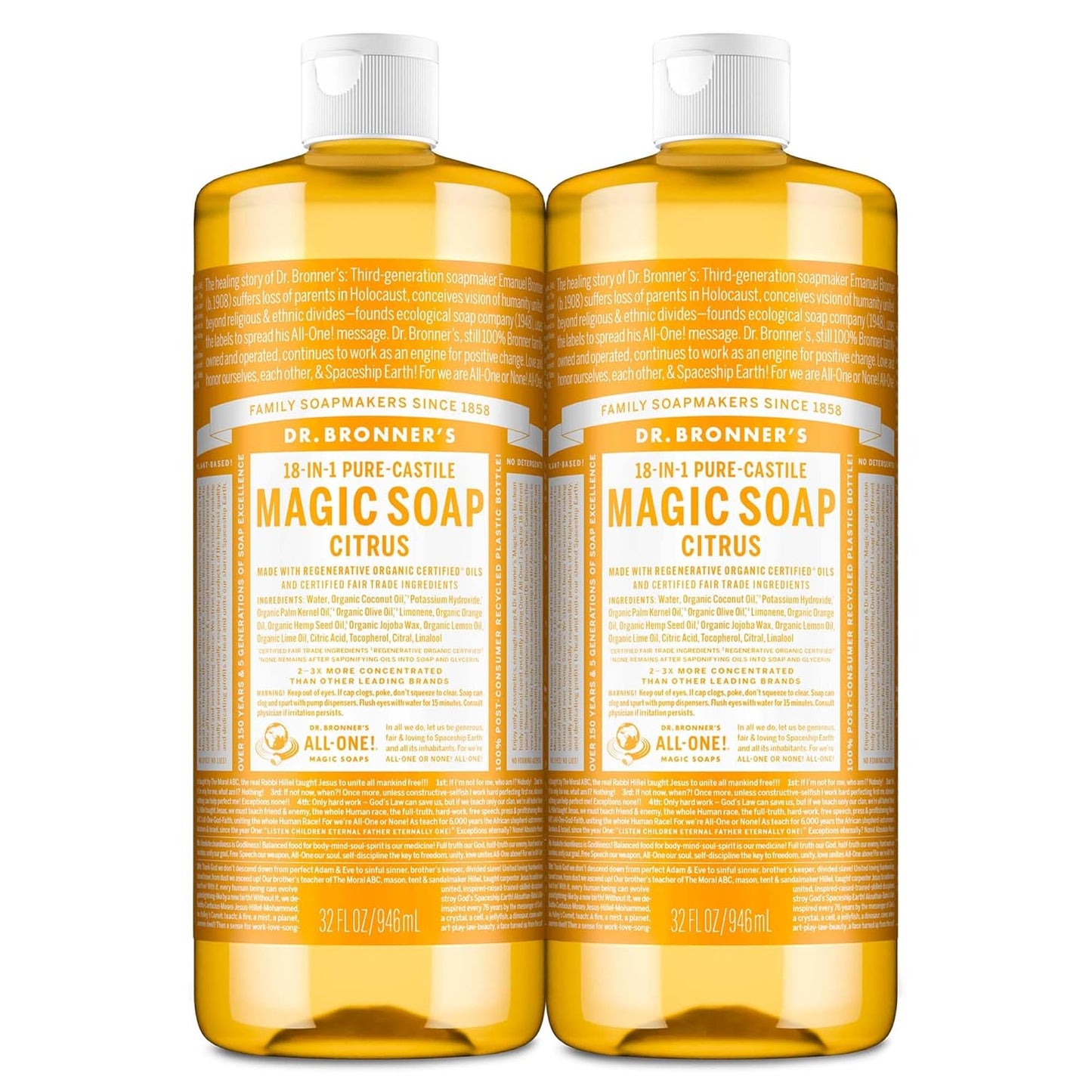 Dr. Bronner's Magic Soap-Pure-Castile Liquid Soap (Citrus, 32oz, 2-Pack)-Regenerative Organic Certified Oils, 18-in-1 Uses: Body, Hair, Laundry, Pets & Dishes, Concentrated, Vegan, Non-GMO