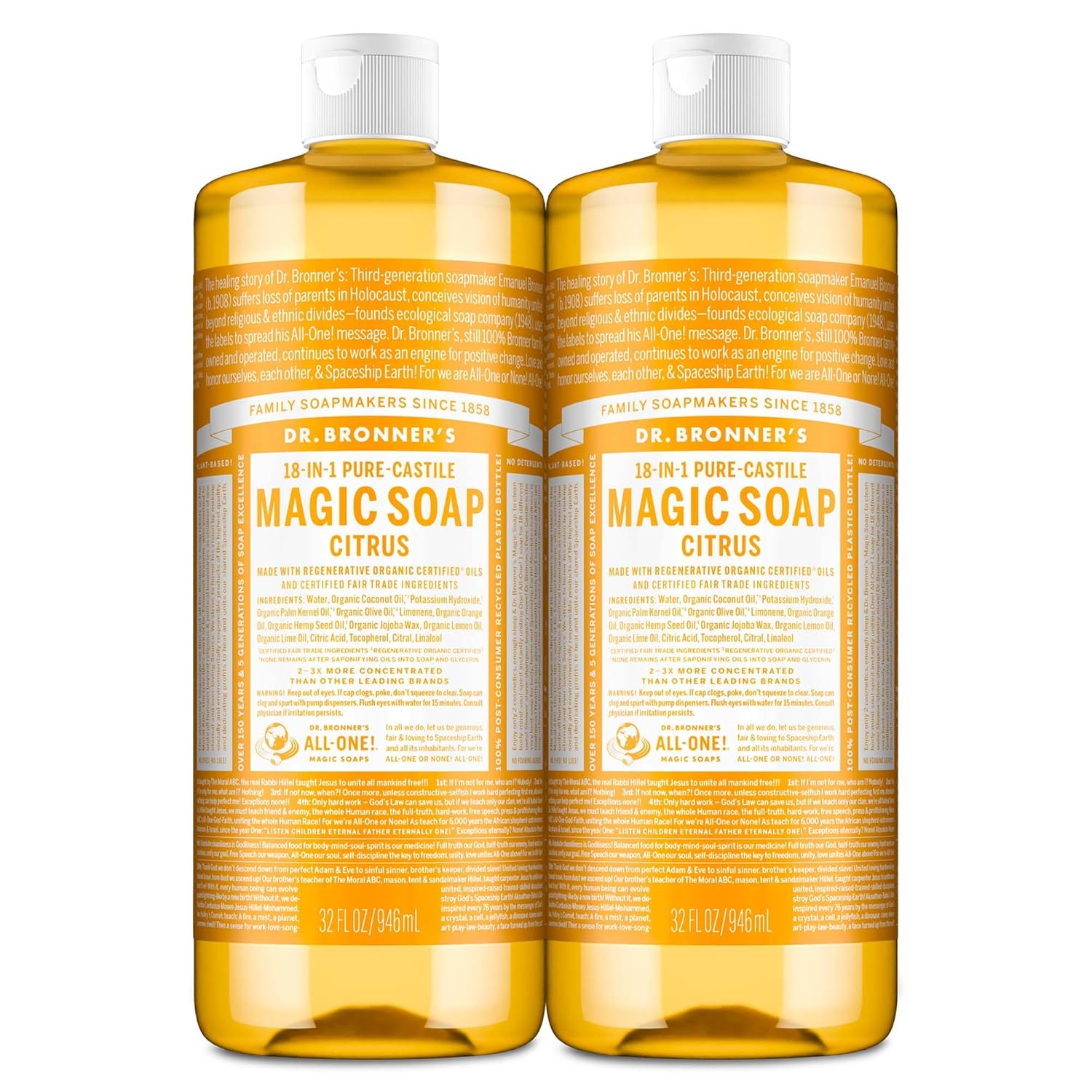 Dr. Bronner's Magic Soap-Pure-Castile Liquid Soap (Citrus, 32oz, 2-Pack)-Regenerative Organic Certified Oils, 18-in-1 Uses: Body, Hair, Laundry, Pets & Dishes, Concentrated, Vegan, Non-GMO