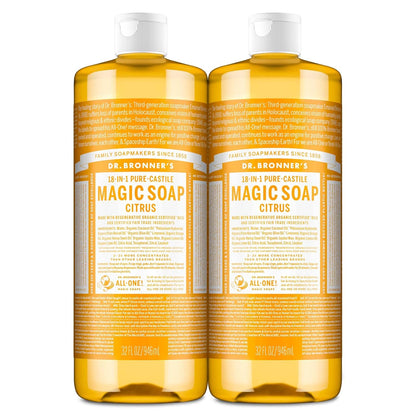 Dr. Bronner's Magic Soap-Pure-Castile Liquid Soap (Citrus, 32oz, 2-Pack)-Regenerative Organic Certified Oils, 18-in-1 Uses: Body, Hair, Laundry, Pets & Dishes, Concentrated, Vegan, Non-GMO