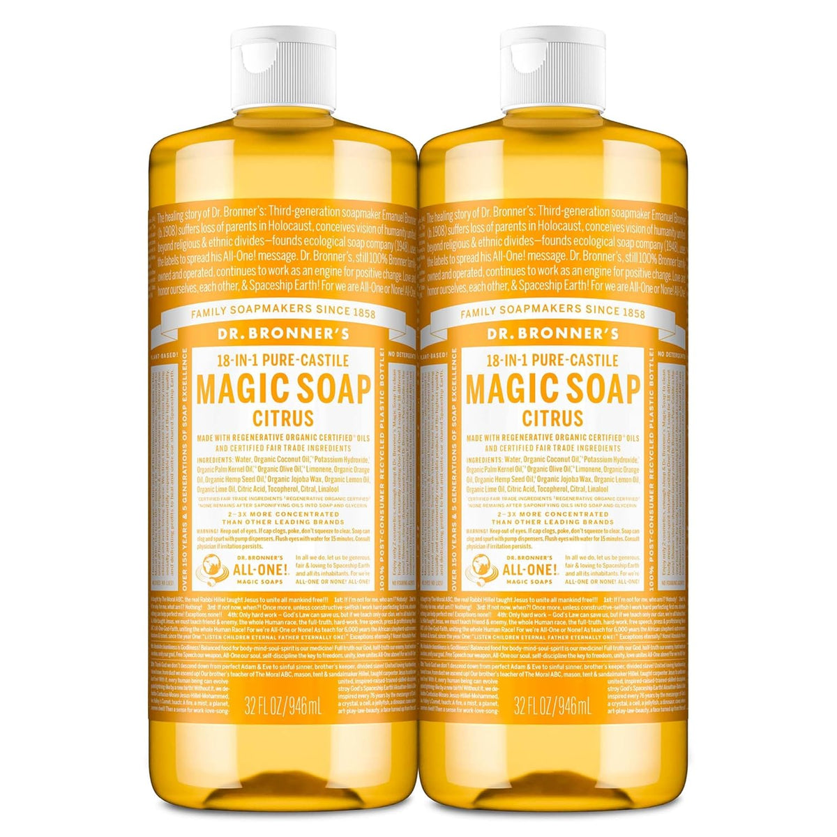 Dr. Bronner's Magic Soap-Pure-Castile Liquid Soap (Citrus, 32oz, 2-Pack)-Regenerative Organic Certified Oils, 18-in-1 Uses: Body, Hair, Laundry, Pets & Dishes, Concentrated, Vegan, Non-GMO