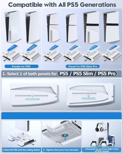 PS5/Slim/Pro Stand and Cooling Station with LED Controller Charging Station for PlayStation 5 Console, Controller Charger, Cooling Stand, PS5/Slim/Pro Skin Accessories Kit with 3 Level Cooler Fan
