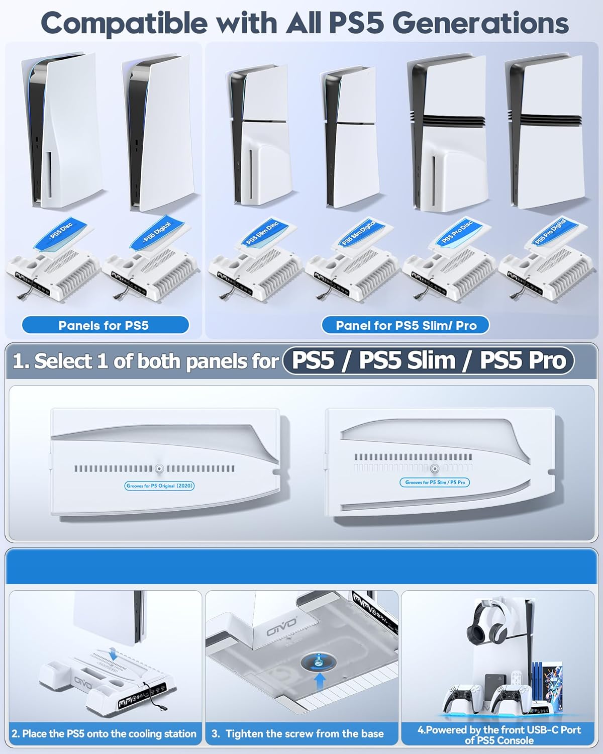 PS5/Slim/Pro Stand and Cooling Station with LED Controller Charging Station for PlayStation 5 Console, Controller Charger, Cooling Stand, PS5/Slim/Pro Skin Accessories Kit with 3 Level Cooler Fan