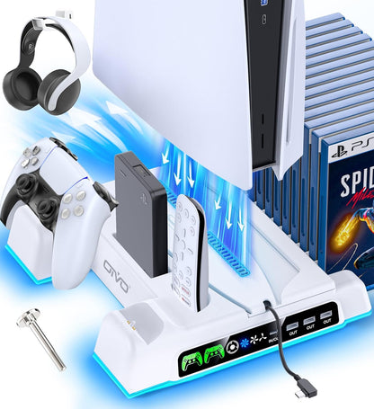PS5/Slim/Pro Stand and Cooling Station with LED Controller Charging Station for PlayStation 5 Console, Controller Charger, Cooling Stand, PS5/Slim/Pro Skin Accessories Kit with 3 Level Cooler Fan