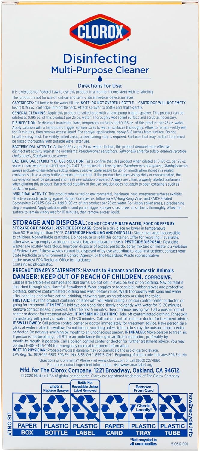 Clorox Disinfecting Multi-Purpose Cleaner Starter Kit, Household Essentials, One Reusable Spray Bottle Plus 2 Refills