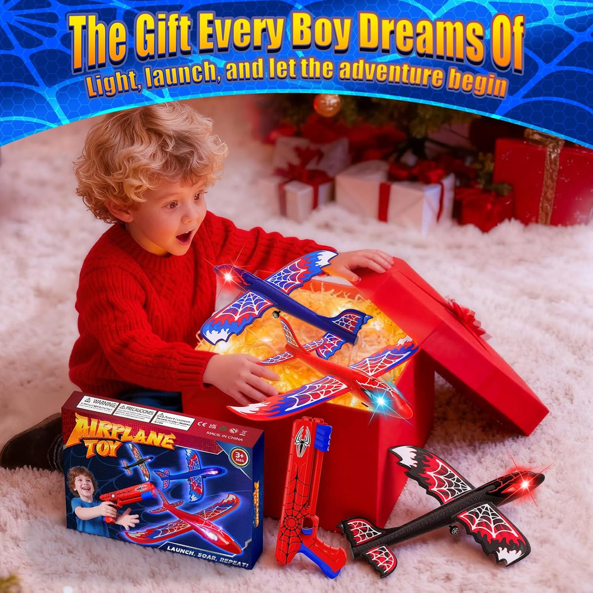 Cool Airplane Launcher Toy with Glowing Eyes & Web-Pattern Wings,2 Flight Modes Outdoor Games for Kids,Boys Toys Age 3-12,Birthday Gifts for 3 4 5 6 7 8 9 10 11 12 Year Old,Kids Gift(Red&Blue&Black)