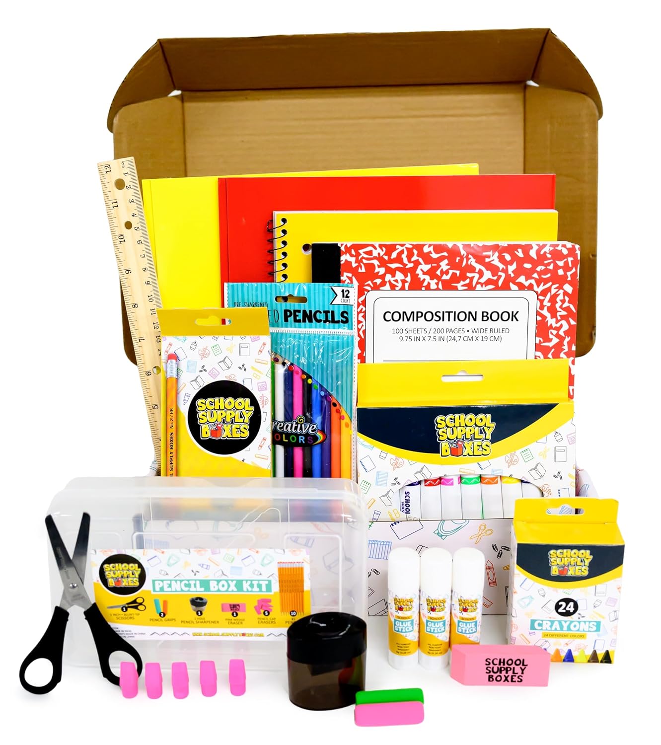 Back to School Supply Box Grades K-5 - School Supply Boxes - 32 Piece School Supplies Kit Includes Markers, Crayons, Pencils, Scissors, Folders, Glue Sticks, Notebook, and Composition Book