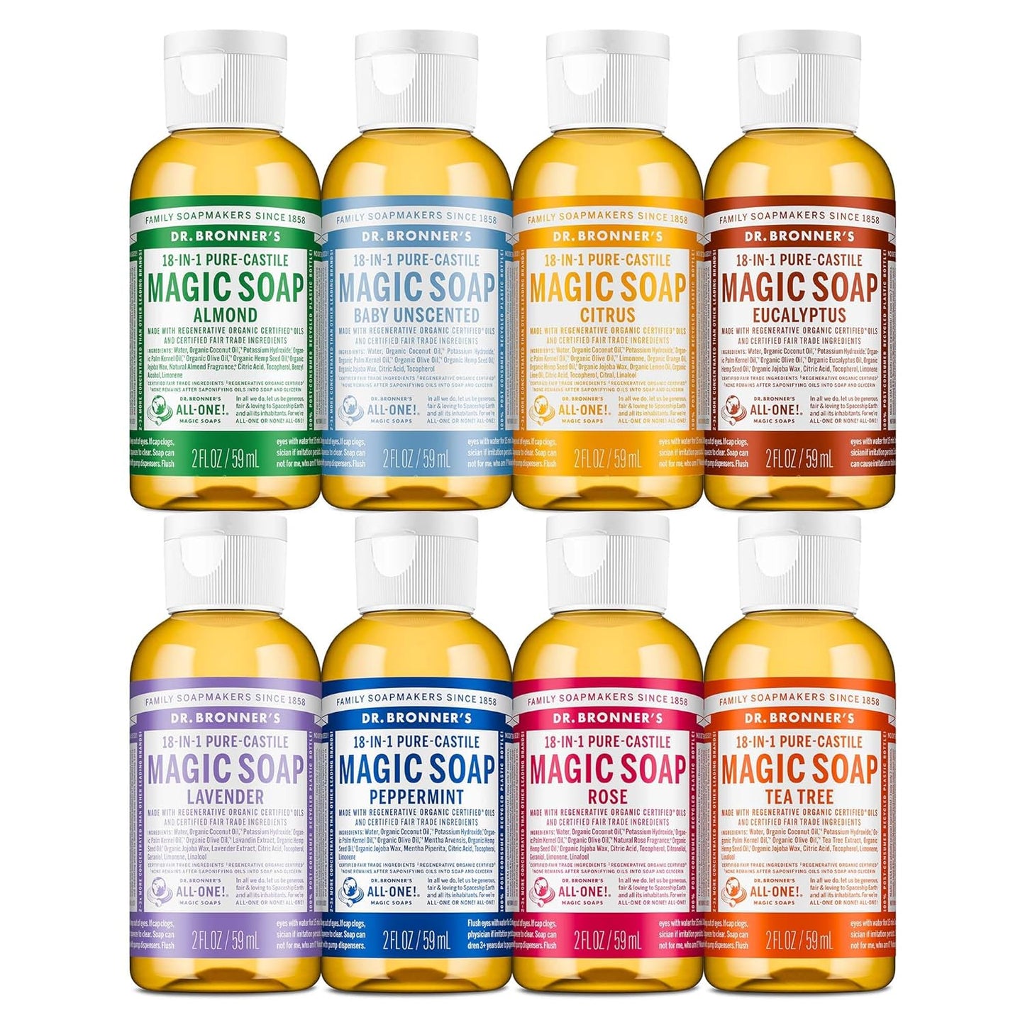 Dr. Bronner's Magic Soap-Pure-Castile Liquid Soap (2 Ounce, Variety Gift Pack)- Regenerative Organic Certified Oils, 18-in-1 Uses: Body, Hair, Laundry, Pets & Dishes, Concentrated, Vegan, Non-GMO
