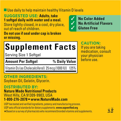 Nature Made Vitamin D3 1000 IU (25 mcg), Vitamin D Supplement for Bone, Teeth, Muscle and Immune Health Support, 300 Softgels, 300 Day Supply