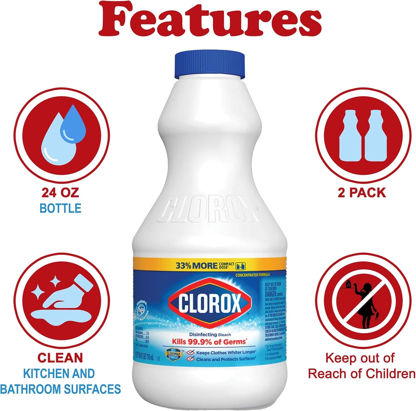 Clorox Regular Disinfecting Bleach Cleaner, 2 Pack Concentrated Liquid Bleach, Removes Mold, Mildew and Stains, Whitens, for Multi Purpose Cleaning and Laundry, 24 oz Bottles