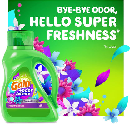 Gain + Odor Defense Liquid Laundry Detergent, Super Fresh Blast Scent, 107 Loads, HE Compatible Washing Soap (Packaging May Vary) (Pack of 2)