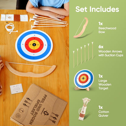 BOWRILLA® Kids Bow and Arrow Set | Wooden Archery Toy for Boys & Girls Ages 3+, Bow and Arrow for Kids | Includes 6 Suction Cup Arrows, Wooden Target & Cotton Quiver | Indoor & Outdoor Play