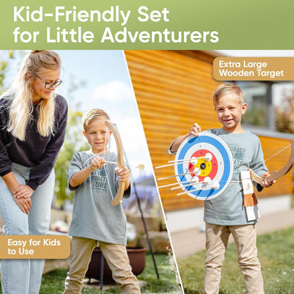 BOWRILLA® Kids Bow and Arrow Set | Wooden Archery Toy for Boys & Girls Ages 3+, Bow and Arrow for Kids | Includes 6 Suction Cup Arrows, Wooden Target & Cotton Quiver | Indoor & Outdoor Play