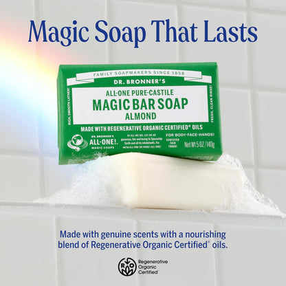 Dr. Bronner's - Pure-Castile Magic Bar Soap (Almond, 5 oz, 6-Pack) - Made with Regenerative Organic Certified Oils- For Face, Body & Hair, Gentle, Vegan Bath Soaps for Men & Women, Non-GMO