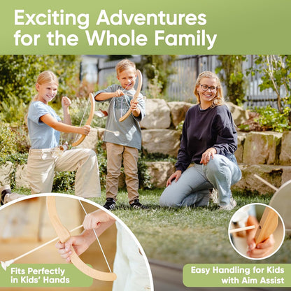 BOWRILLA® Kids Bow and Arrow Set | Wooden Archery Toy for Boys & Girls Ages 3+, Bow and Arrow for Kids | Includes 6 Suction Cup Arrows, Wooden Target & Cotton Quiver | Indoor & Outdoor Play