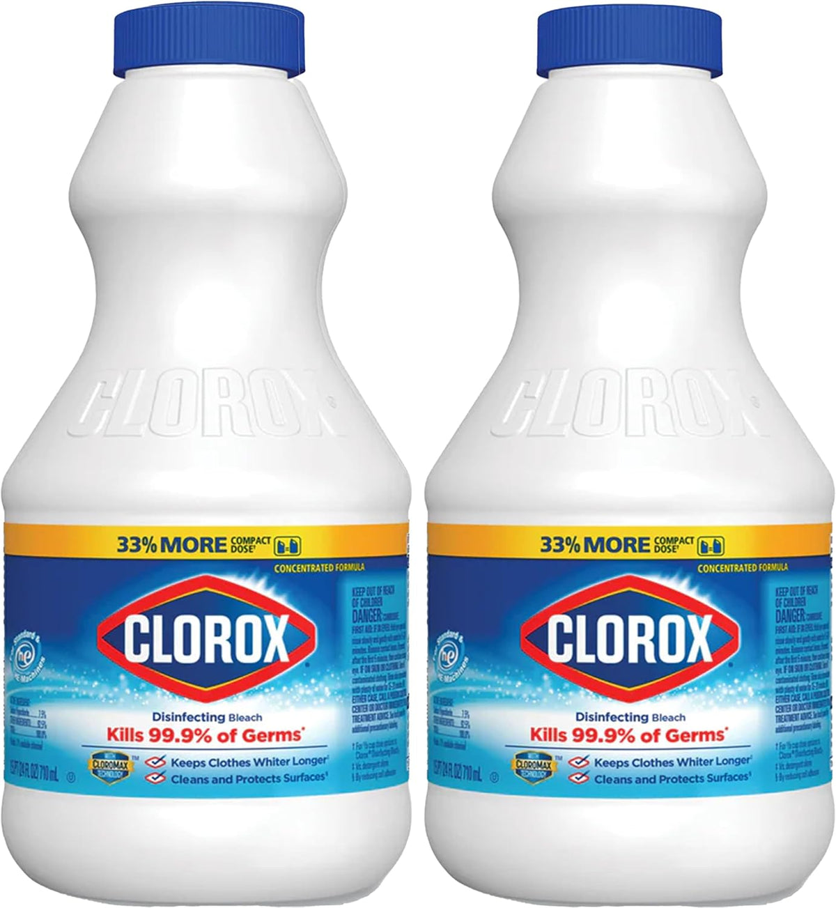 Clorox Regular Disinfecting Bleach Cleaner, 2 Pack Concentrated Liquid Bleach, Removes Mold, Mildew and Stains, Whitens, for Multi Purpose Cleaning and Laundry, 24 oz Bottles