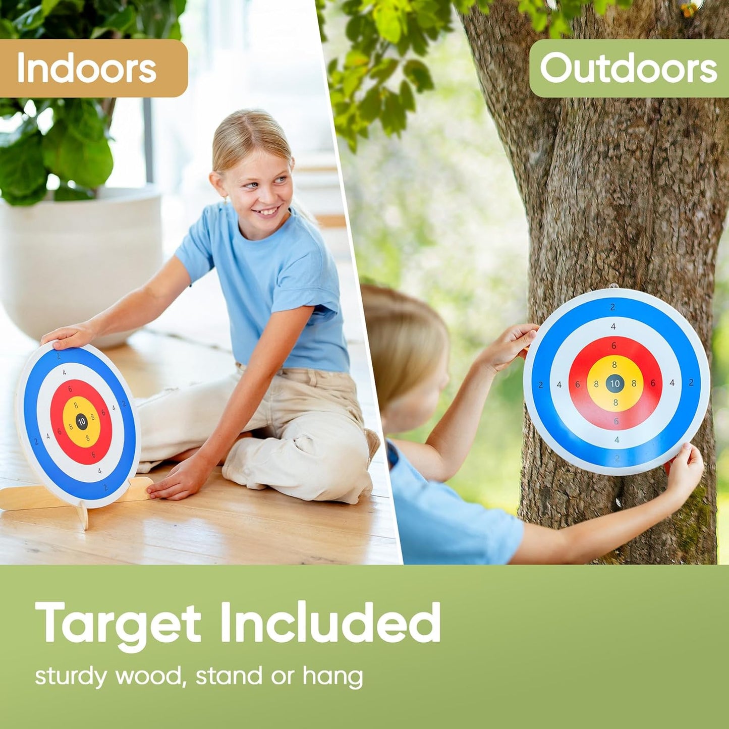 BOWRILLA® Kids Bow and Arrow Set | Wooden Archery Toy for Boys & Girls Ages 3+, Bow and Arrow for Kids | Includes 6 Suction Cup Arrows, Wooden Target & Cotton Quiver | Indoor & Outdoor Play