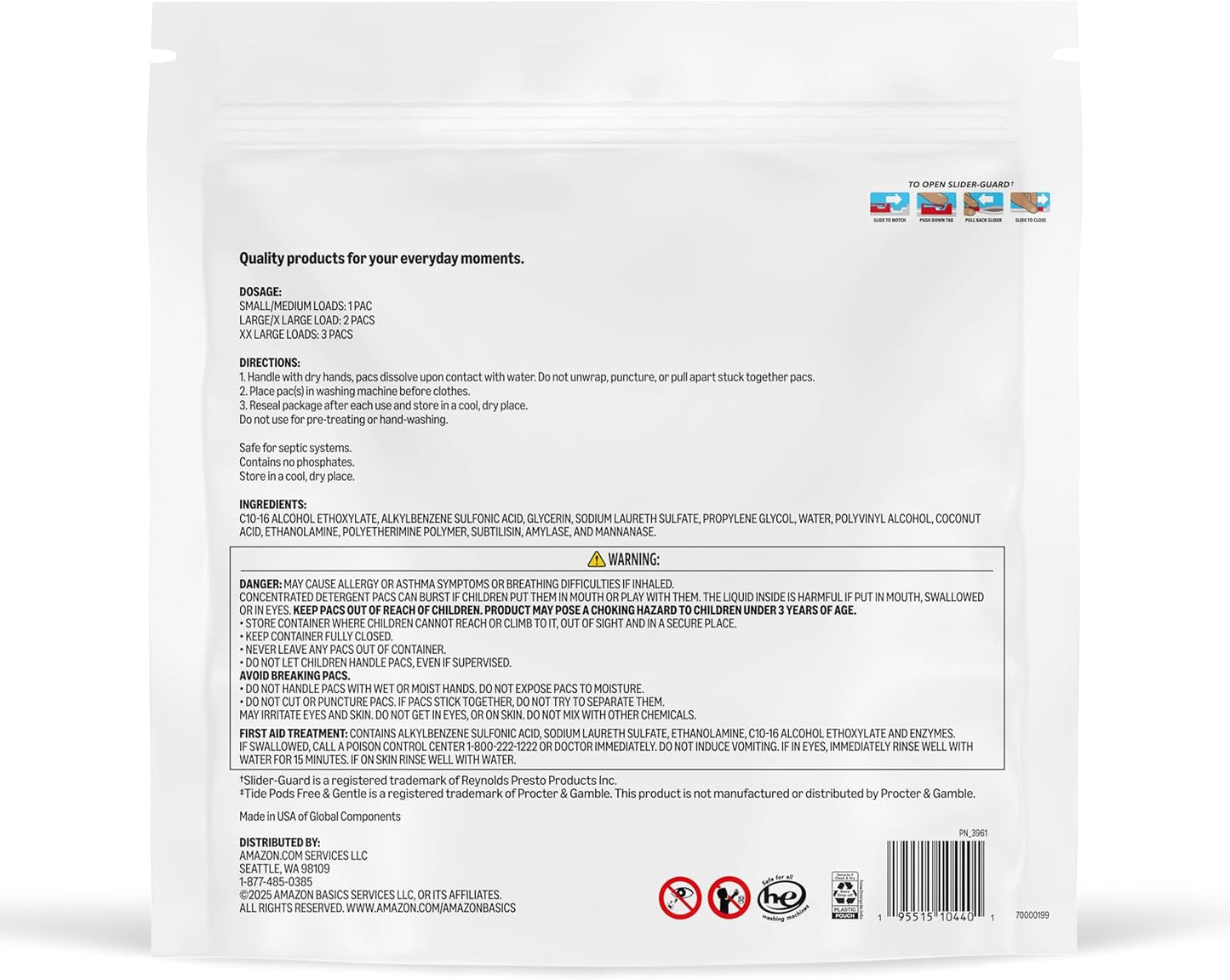 Amazon Basics Laundry Detergent Pacs, Free & Clear, Powerful Triple Action, Hypoallergenic, Unscented, 112 Count
