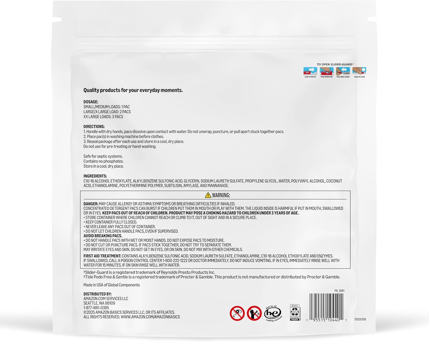 Amazon Basics Laundry Detergent Pacs, Free & Clear, Powerful Triple Action, Hypoallergenic, Unscented, 112 Count