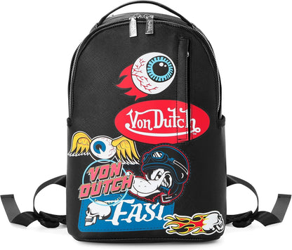 Von Dutch Small Backpack – Stylish Multi‑Purpose Backpack with Front Zip Pocket, Adjustable Straps, and Durable Design (Multi-Flying Eye)