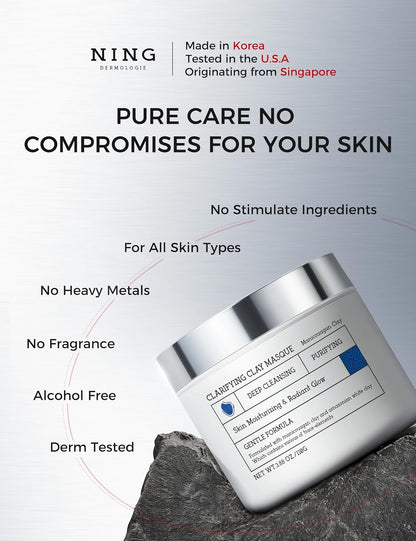 NING DERMOLOGIE Clay Mask for Face & Sensitive Skin: Triple Mud Formula Deep Cleans Pores Reduces Acne Balances Oil & Improves Texture - 3.88 Oz
