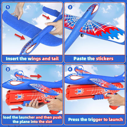 Doloowee Foam Airplane Launcher Toys for Kids 4-8, Outdoor Sport Flying Toys, 3 Pack 12.6" Foam Glider LED Plane, 1 Catapult with 3 Foam Planes, Gifts for 3 4 5 6 7 8 9 10 12 Year Old Boys Girls
