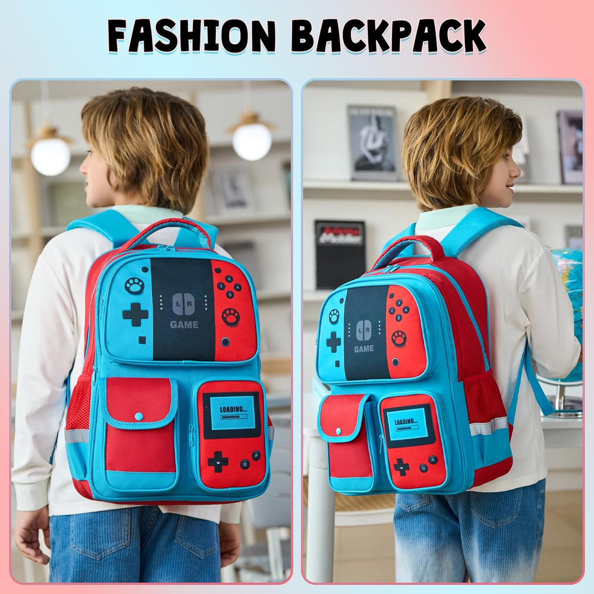 Backpack for Boys Bookbag Video Game Bookbag stylish kids travel backpack for boys 6-18, Kids Junior High School Primary School Back pack (Red-blue)