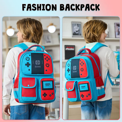 Backpack for Boys Bookbag Video Game Bookbag stylish kids travel backpack for boys 6-18, Kids Junior High School Primary School Back pack (Red-blue)