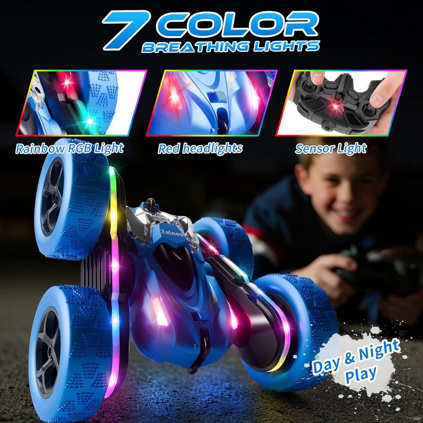 Remote Control Stunt Car 4WD 360° Flip Double‑Sided RC Cars, LED Light Bar, USB‑C Modular Battery, 2.4 GHz Outdoor Beach Toy for Boys 6‑12 Years Old, Birthday & Christmas Kids Gift, Blue