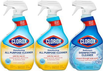 Clorox Disinfecting All-Purpose Cleaner 32 Oz and Bathroom Cleaner, Household Essentials, 30 Oz, Pack of 3