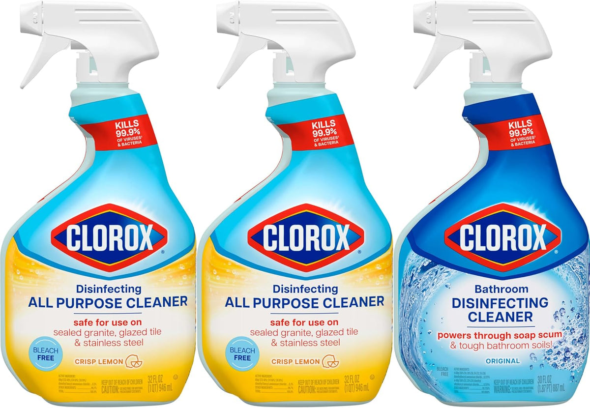 Clorox Disinfecting All-Purpose Cleaner 32 Oz and Bathroom Cleaner, Household Essentials, 30 Oz, Pack of 3