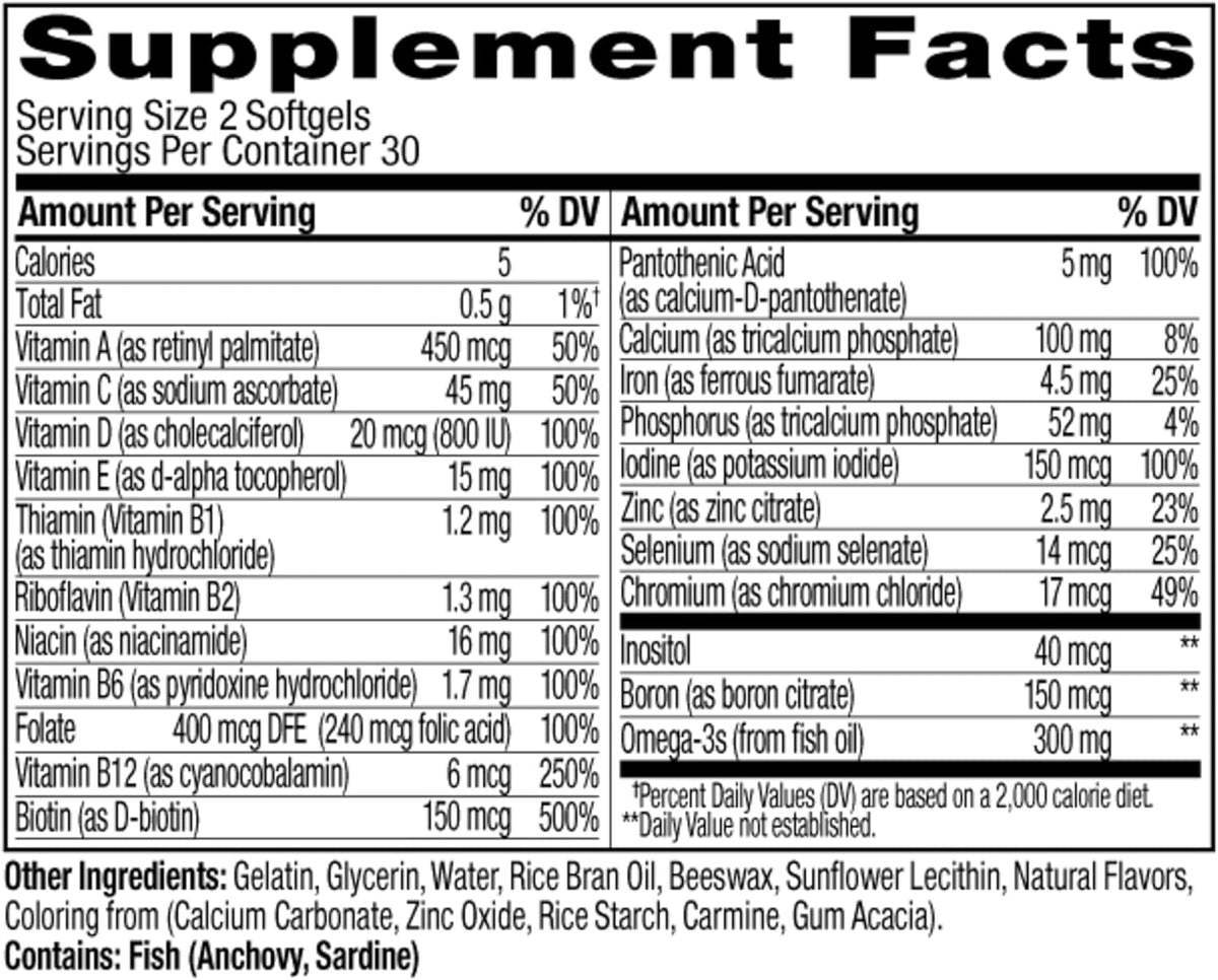 OLLY Ultra Strength Women's Multi Softgels, Overall Health and Immune Support, Omega-3s, Iron, Vitamins A, D, C, E, B12, Daily Multivitamin, 30 Day Supply - 60 Count