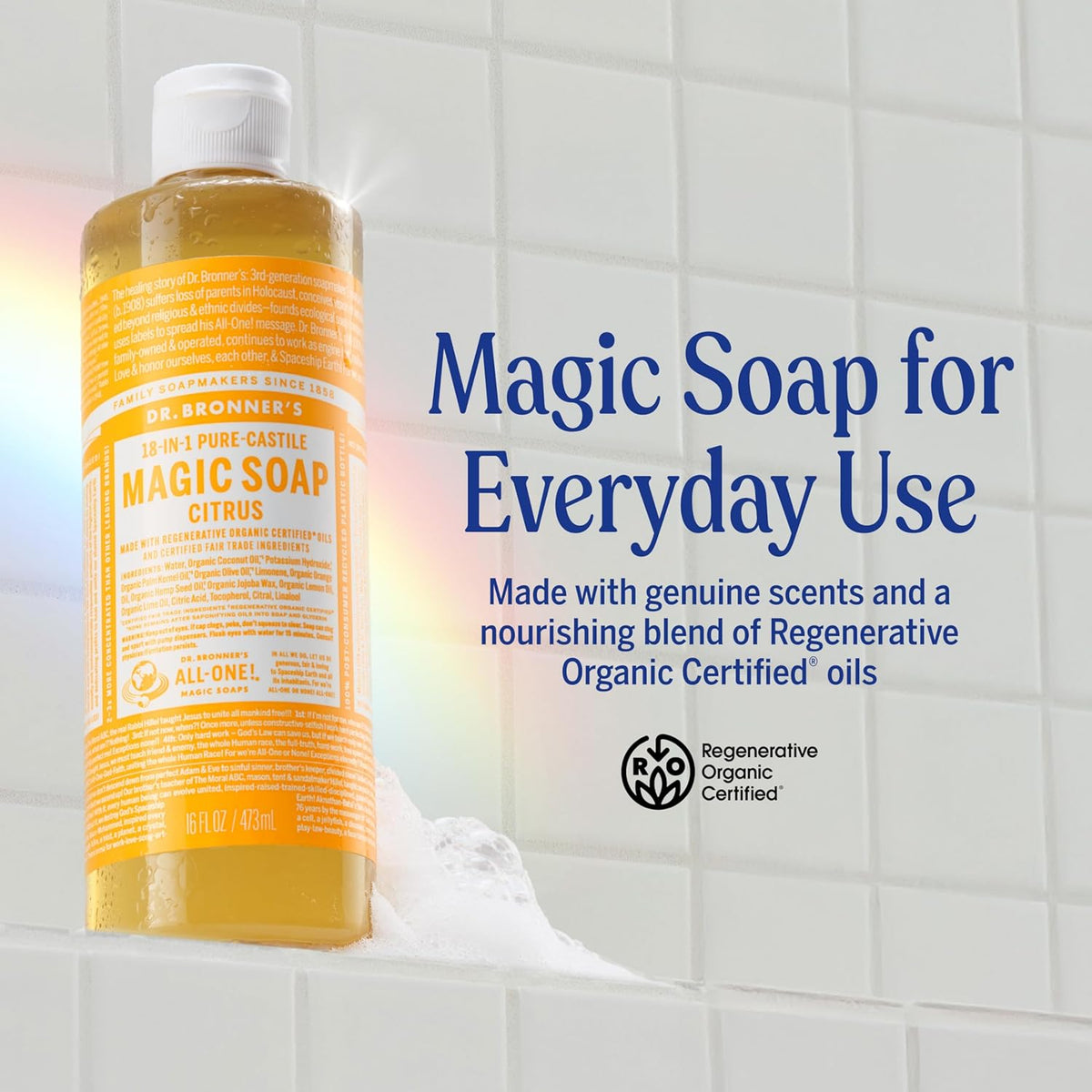 Dr. Bronner's Magic Soap-Pure-Castile Liquid Soap (Citrus, 32oz, 2-Pack)-Regenerative Organic Certified Oils, 18-in-1 Uses: Body, Hair, Laundry, Pets & Dishes, Concentrated, Vegan, Non-GMO