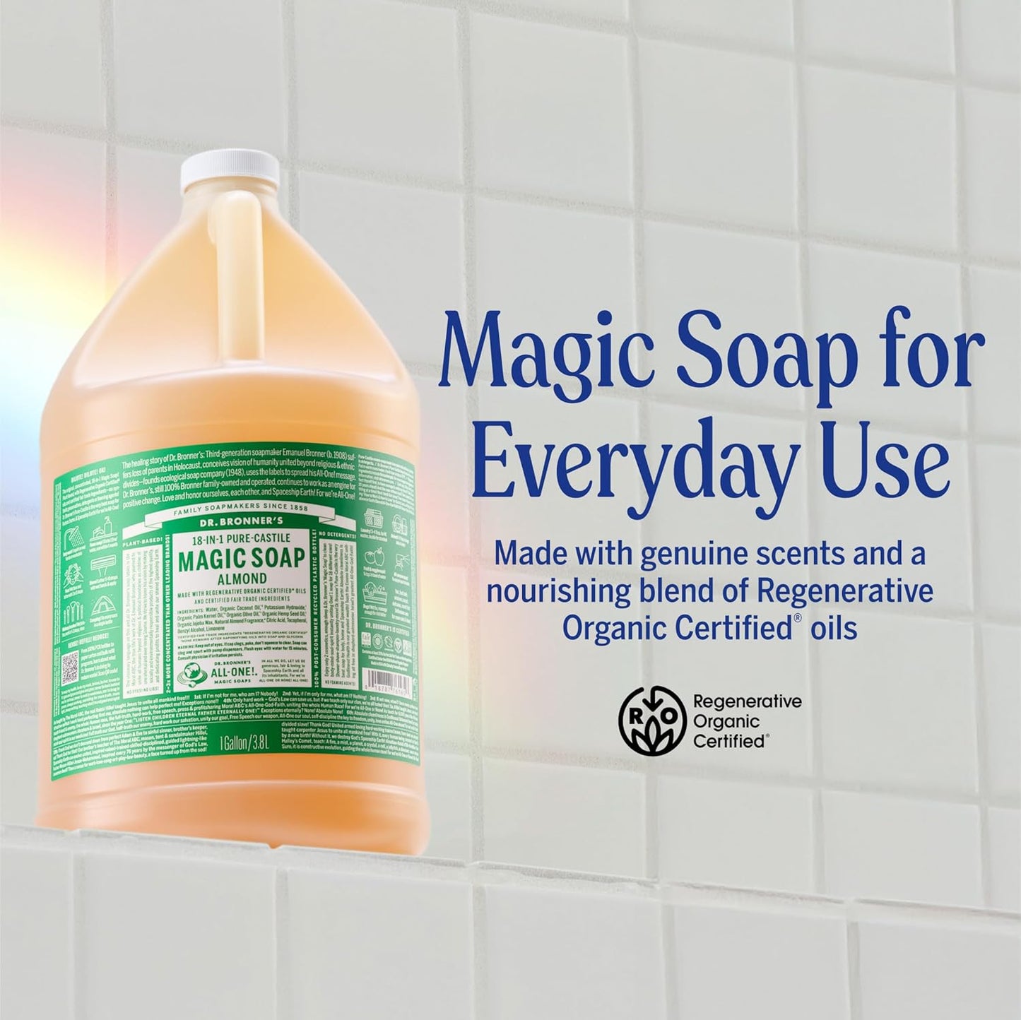 Dr. Bronner's Pure-Castile Magic Soap Liquid (Almond, 1 Gallon) - Made with Regenerative Organic Certified Oils, 18-in-1 Uses: Face, Body, Hair, Laundry, Pets and Dishes, Concentrated, Vegan, Non-GMO