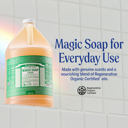 Dr. Bronner's Pure-Castile Magic Soap Liquid (Almond, 1 Gallon) - Made with Regenerative Organic Certified Oils, 18-in-1 Uses: Face, Body, Hair, Laundry, Pets and Dishes, Concentrated, Vegan, Non-GMO