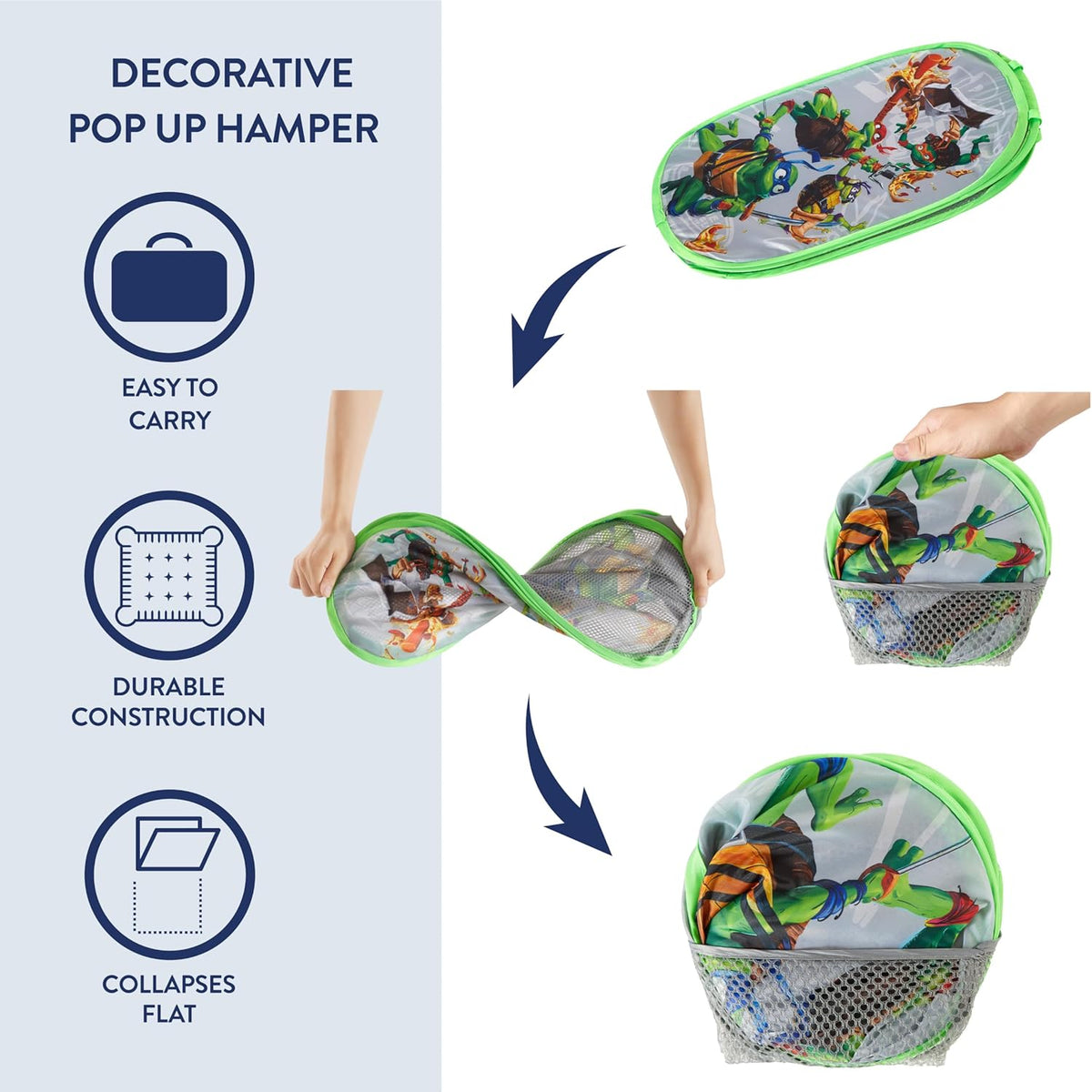 Teenage Mutant Ninja Turtles: Mutant Mayhem Pop-Up Hamper with Durable Handles, Kids Laundry & Room Storage Organizer, 21”H x 13.5”W x 13.5”L