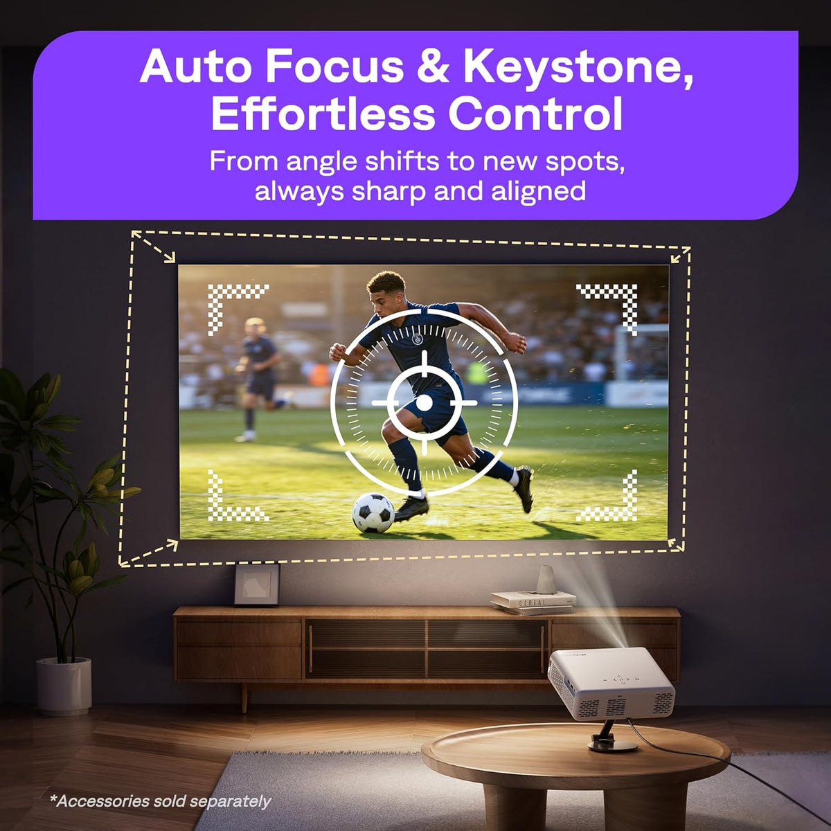 Aurzen Roku TV Smart Projector with Wifi and Bluetooth, Roku TV Built-in, 1080P FHD, DoIby Audio, Auto Focus & Keystone, Zoom, Movie Portable Outdoor Mini Projector for Soccer Football Game, White