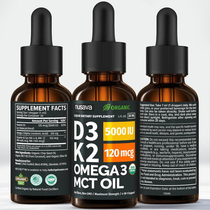 (2 Pack) Organic Vitamin D3 K2 Drops with MCT Oil & Omega 3 - Liquid Vitamin D3 5000 IU - K2 D3 Vitamin Supplement - Vitamin D Drops for Women & Men - No Fillers, Non-GMO, GMP, Unflavored (2 Fl Oz)