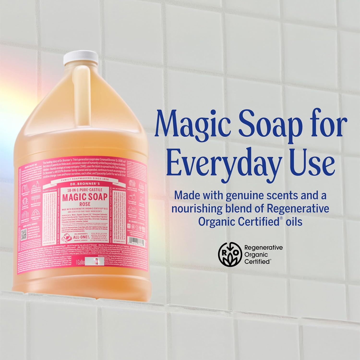 Dr. Bronner's Magic Soap Pure-Castile Liquid Soap (Rose, 1 Gallon) - Made with Organic Oils, 18-in-1 Uses: Face, Body, Hair, Laundry, Pets and Dishes, Concentrated, Vegan, Non-GMO