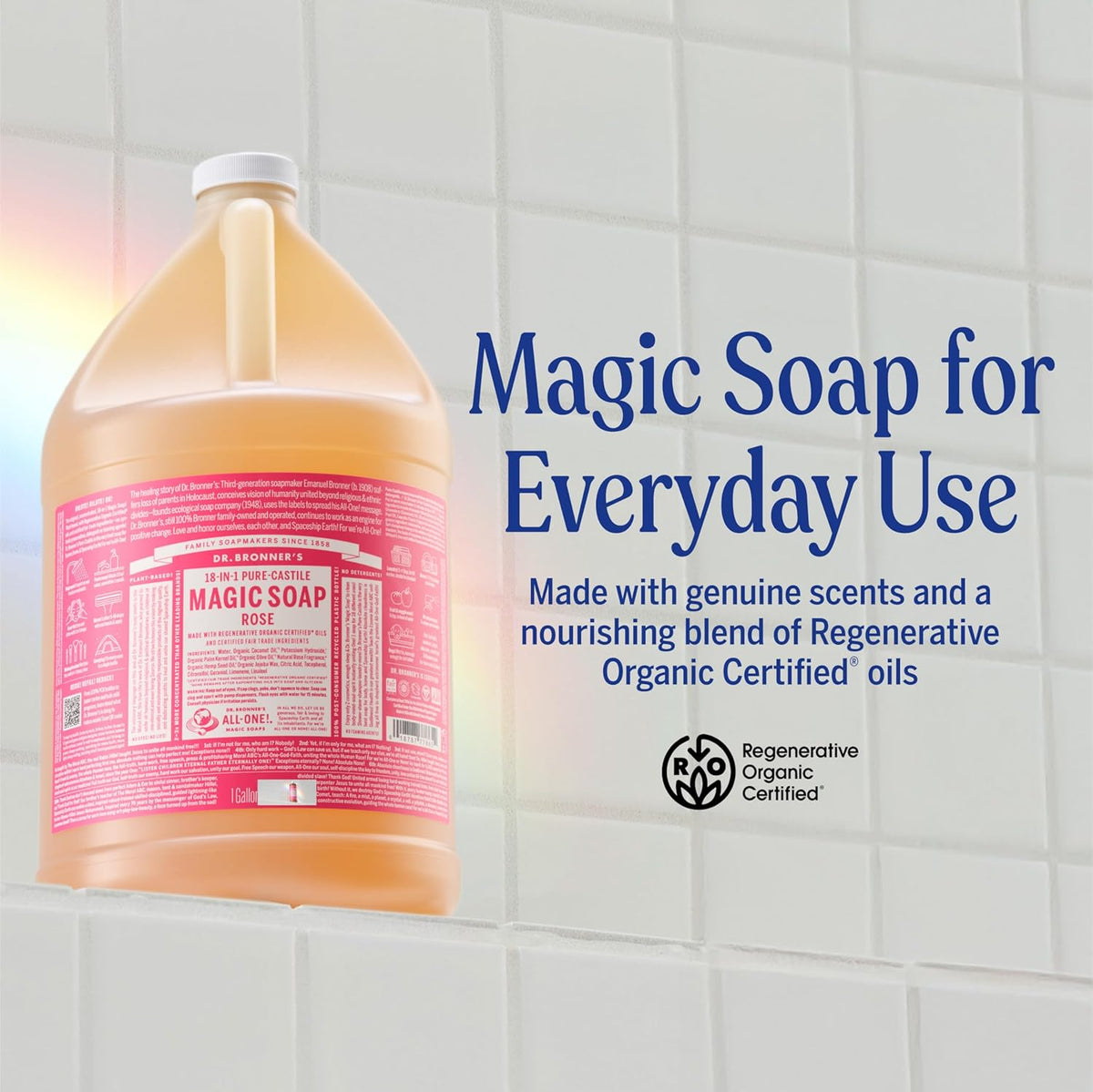 Dr. Bronner's Magic Soap Pure-Castile Liquid Soap (Rose, 1 Gallon) - Made with Organic Oils, 18-in-1 Uses: Face, Body, Hair, Laundry, Pets and Dishes, Concentrated, Vegan, Non-GMO