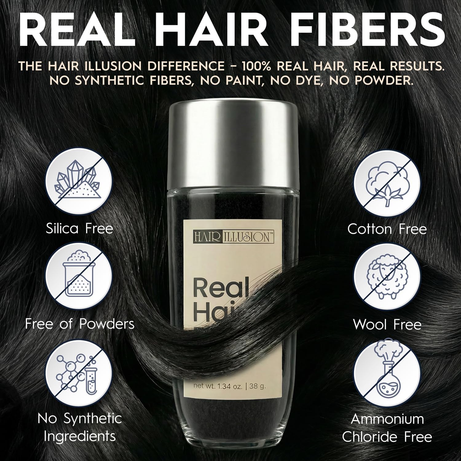 Hair Illusion Black Real Hair Fibers for Thinning Hair - 100% Natural Texture, Non Synthetic Hair Fibers - Bald Spot Cover Up for Women & Men - 38 Gram